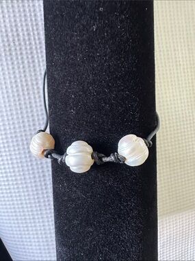 Pearl Bead Black Cord Bracelet - White Pearls